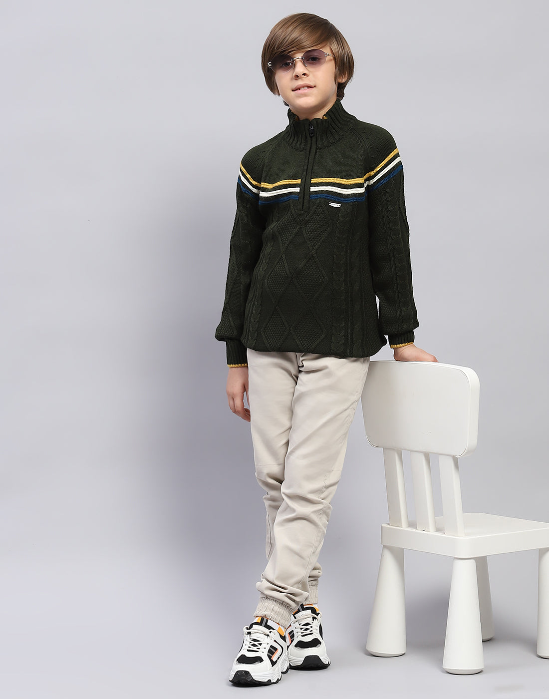 Boys Olive Self Design Turtle Neck Full Sleeve Pullover