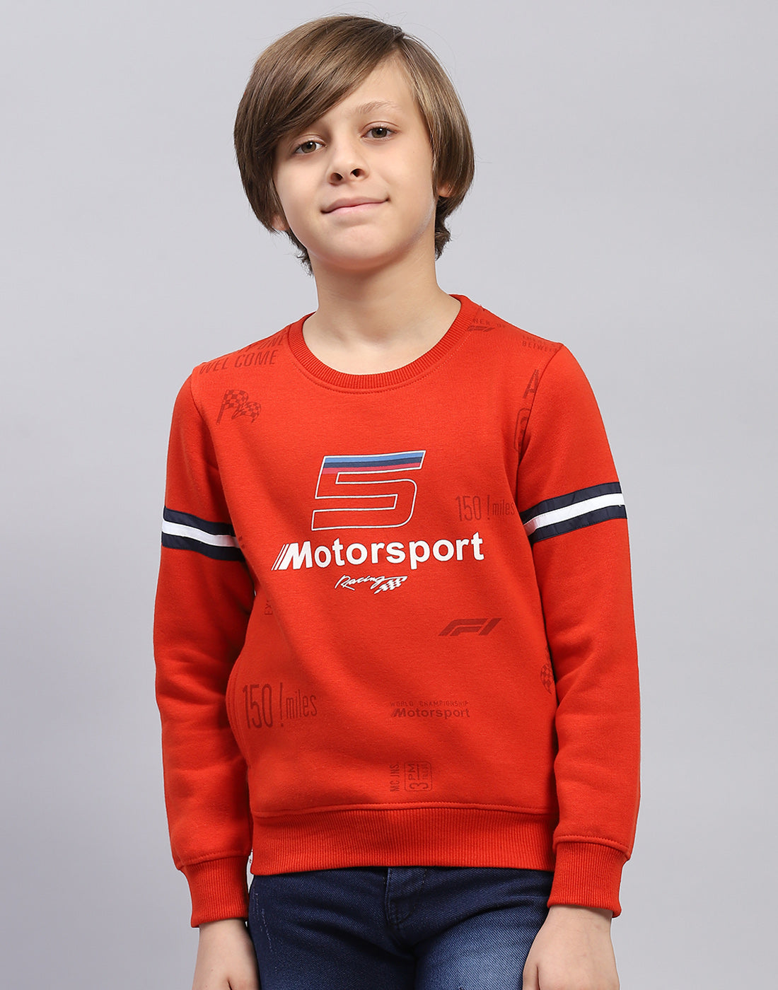 Boys Orange Printed Round Neck Full Sleeve Sweatshirt