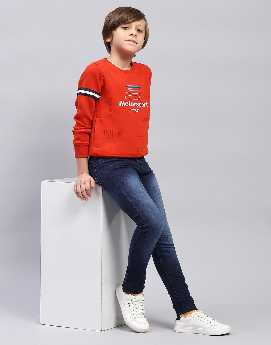 Boys Orange Printed Round Neck Full Sleeve Sweatshirt