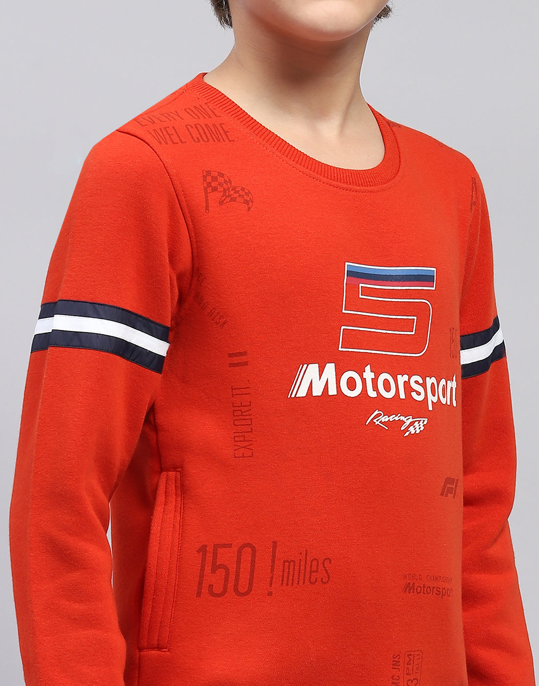 Boys Orange Printed Round Neck Full Sleeve Sweatshirt