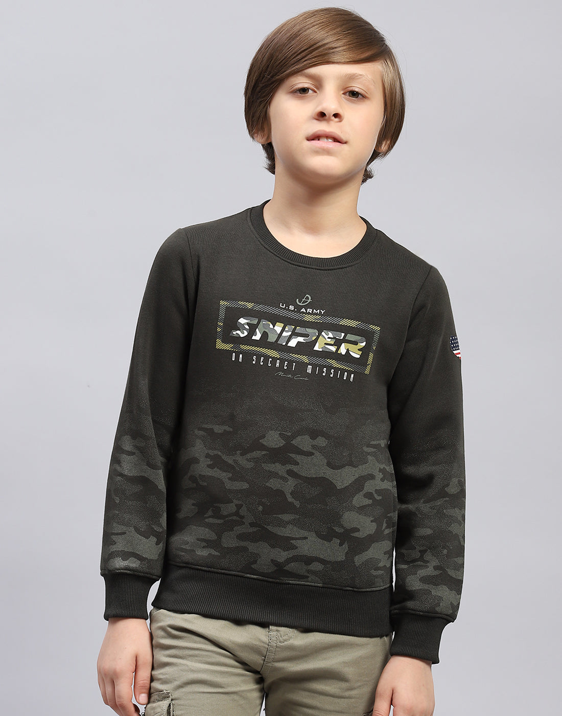 Boys Olive Printed Round Neck Full Sleeve Sweatshirt