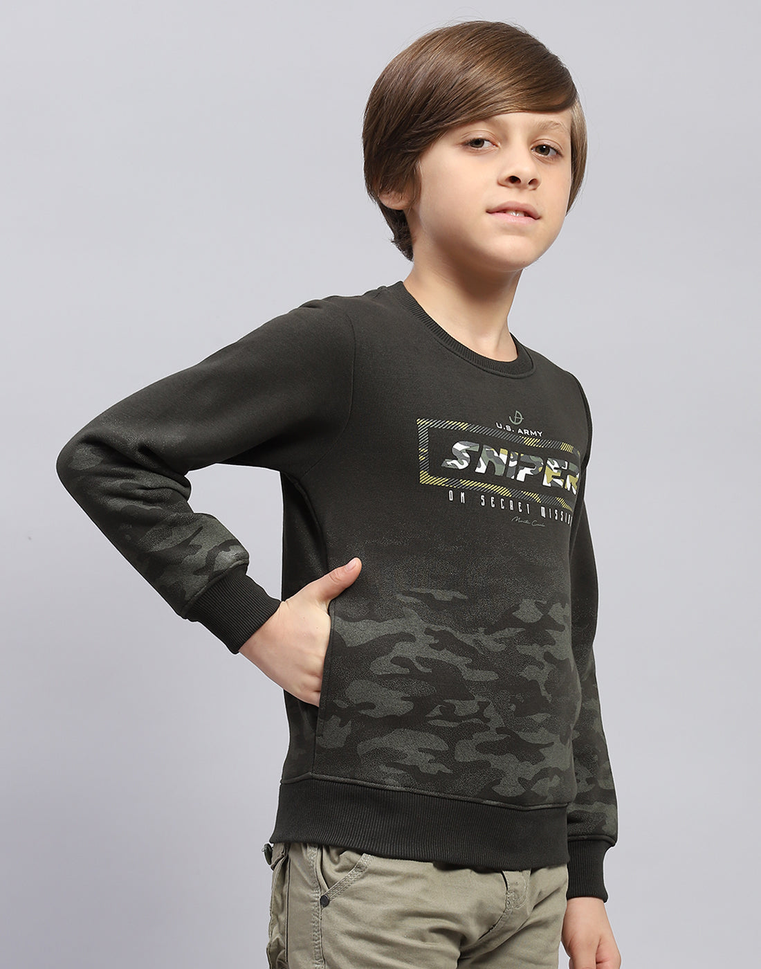 Boys Olive Printed Round Neck Full Sleeve Sweatshirt