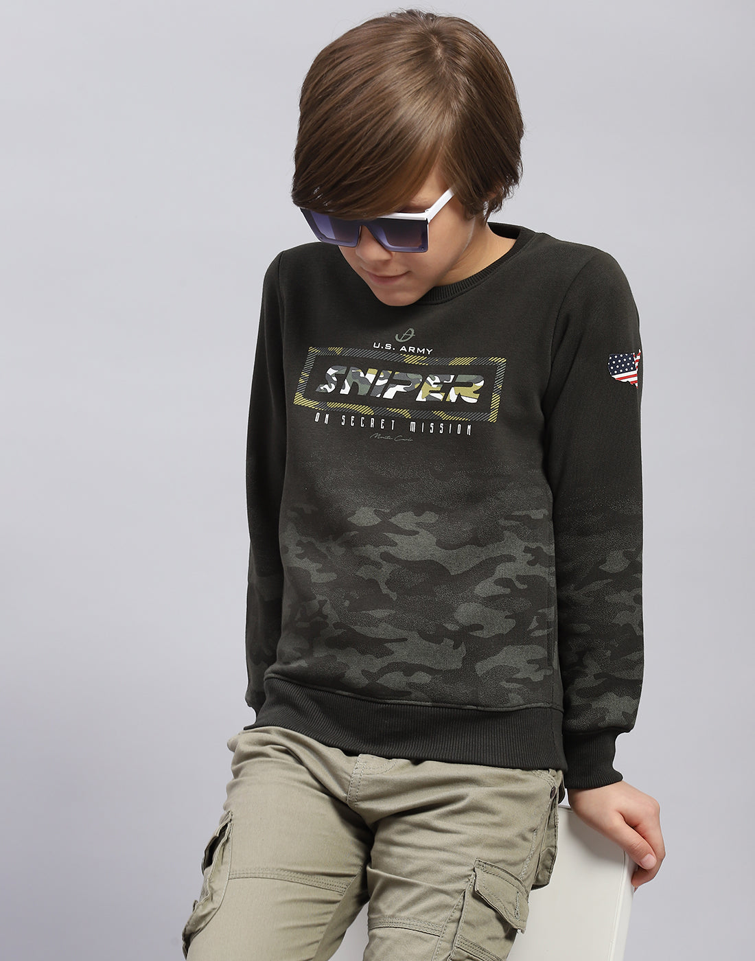 Boys Olive Printed Round Neck Full Sleeve Sweatshirt