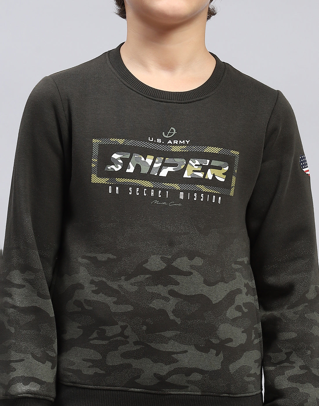 Boys Olive Printed Round Neck Full Sleeve Sweatshirt