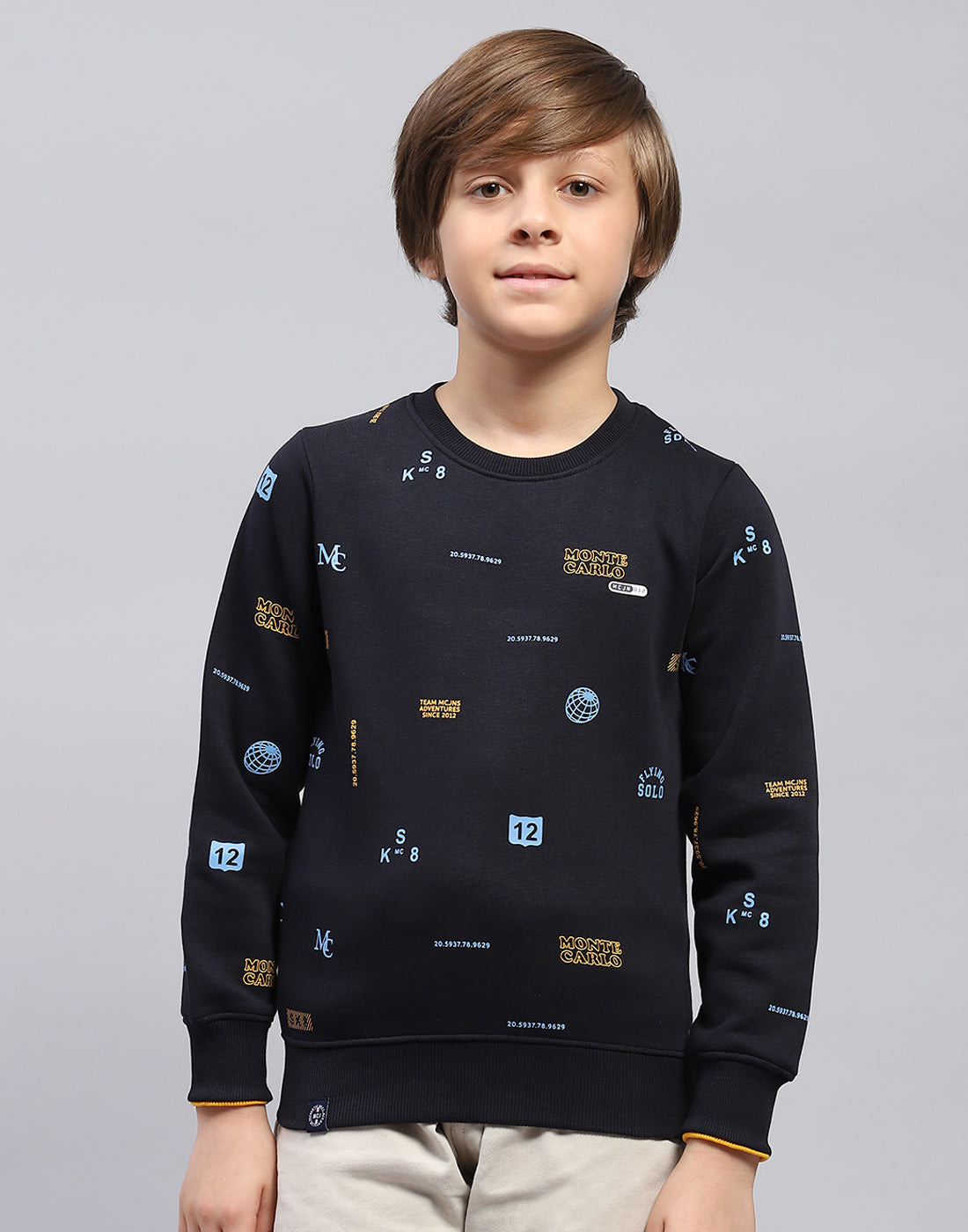 Boys Navy Blue Printed Round Neck Full Sleeve Sweatshirt