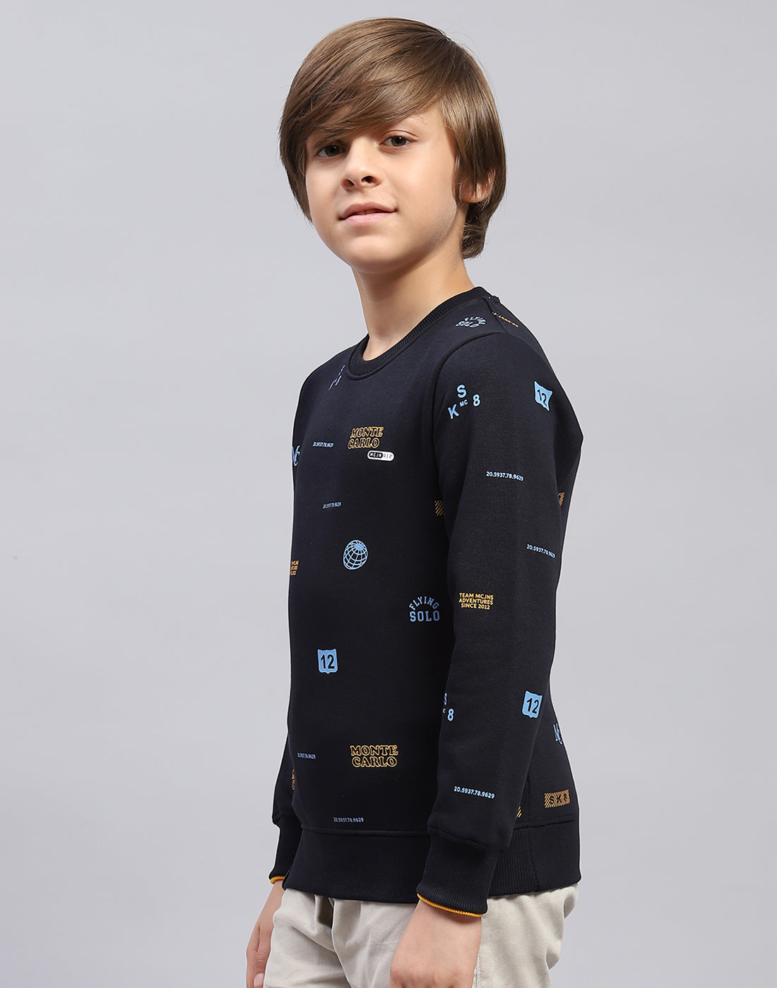 Boys Navy Blue Printed Round Neck Full Sleeve Sweatshirt