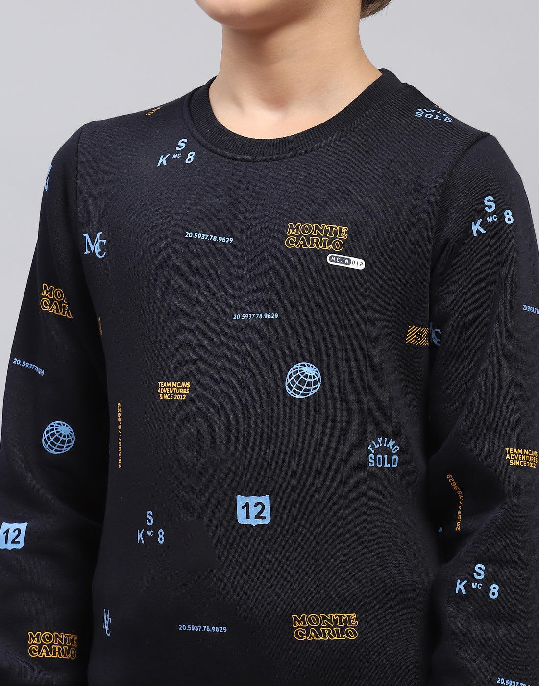 Boys Navy Blue Printed Round Neck Full Sleeve Sweatshirt