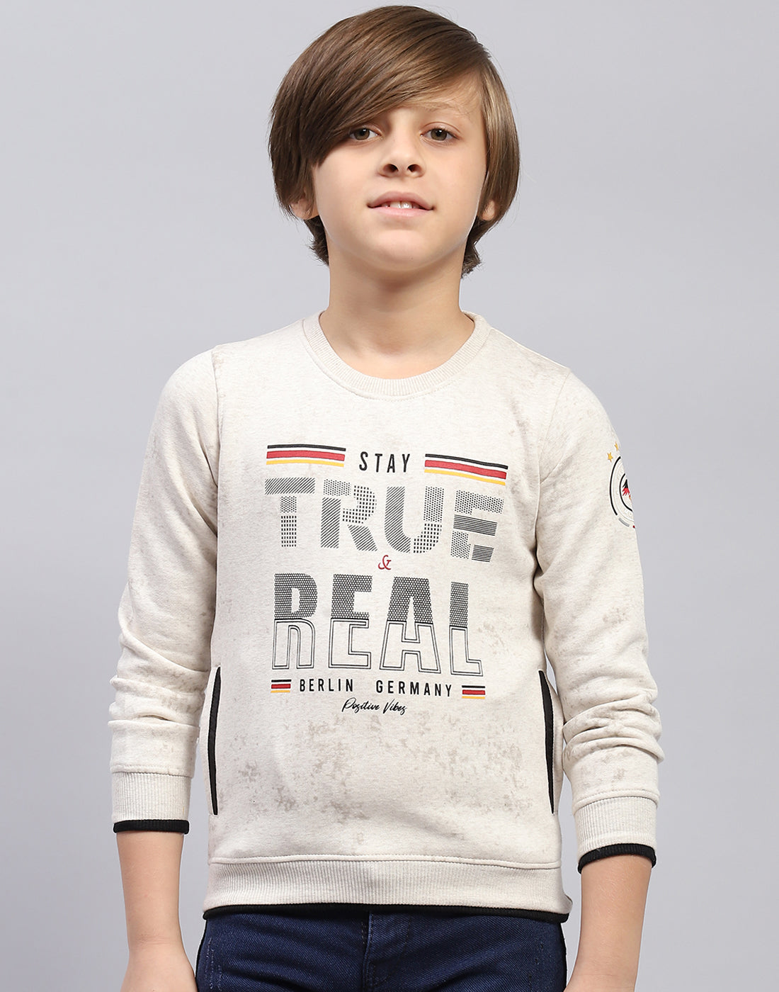 Boys Beige Printed Round Neck Full Sleeve Sweatshirt