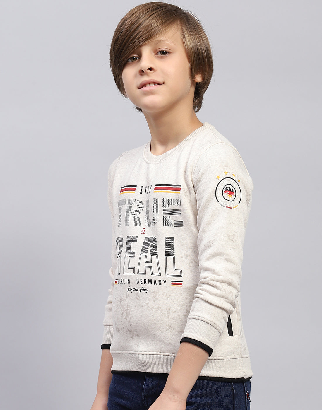 Boys Beige Printed Round Neck Full Sleeve Sweatshirt