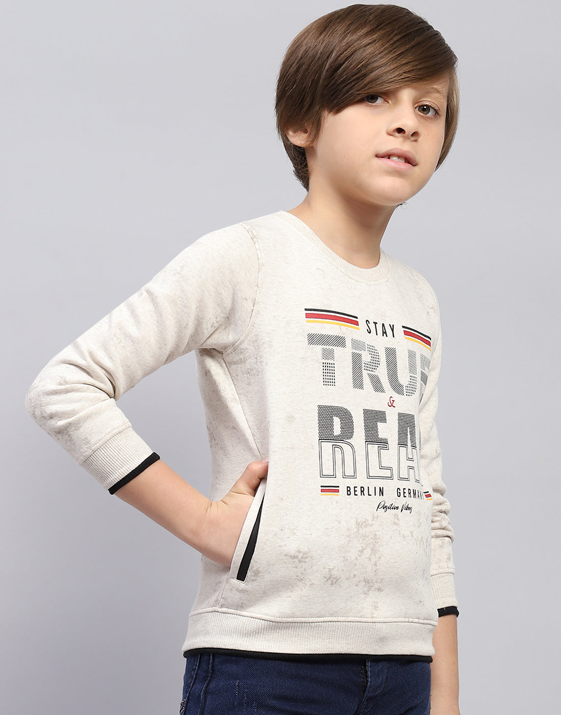 Boys Beige Printed Round Neck Full Sleeve Sweatshirt