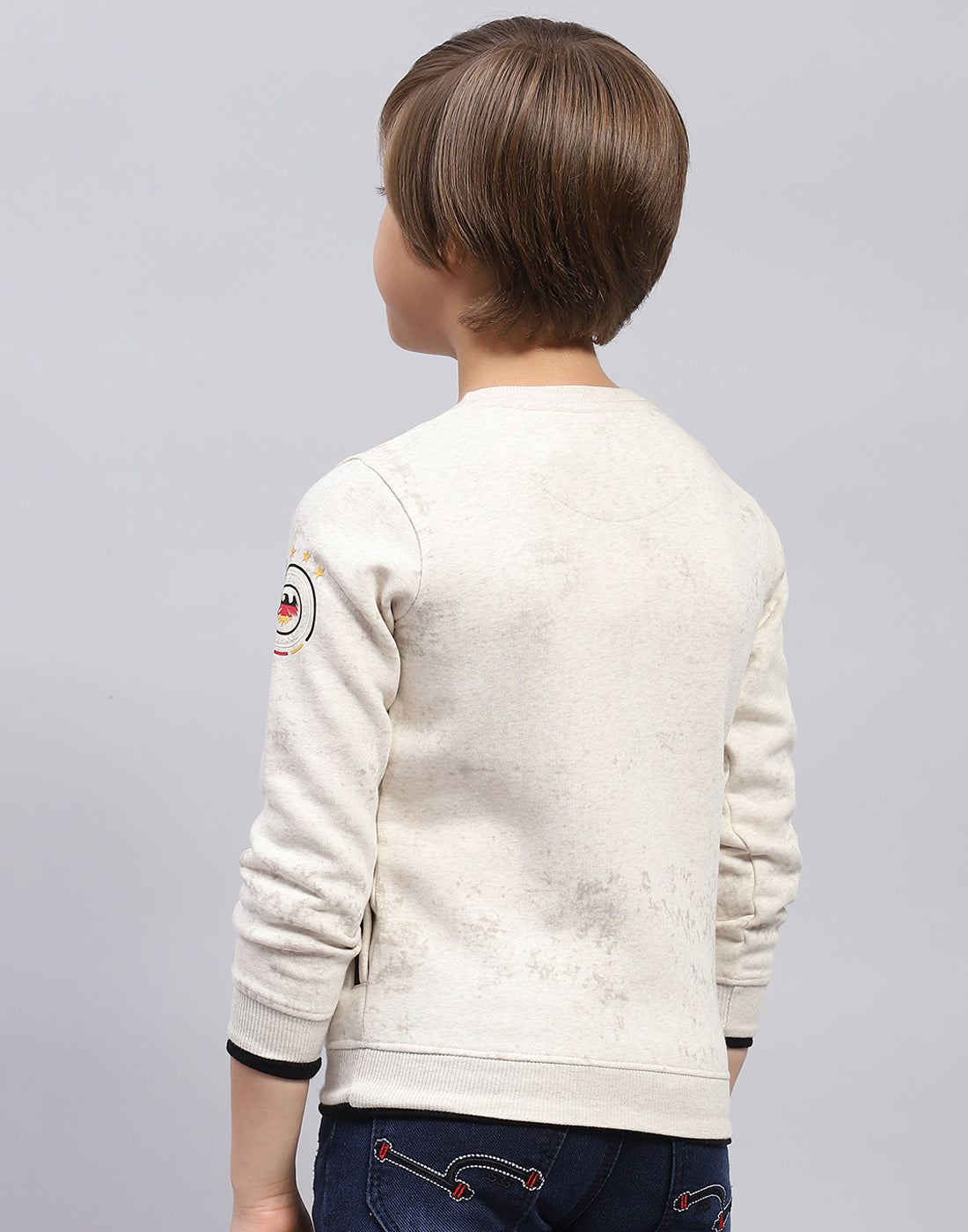 Boys Beige Printed Round Neck Full Sleeve Sweatshirt