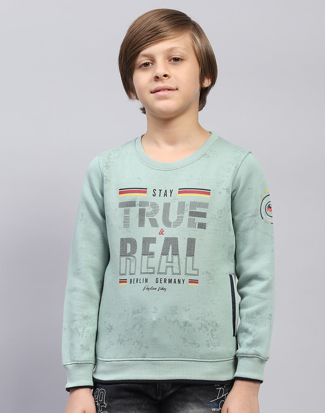 Boys Sea Green Printed Round Neck Full Sleeve Sweatshirt