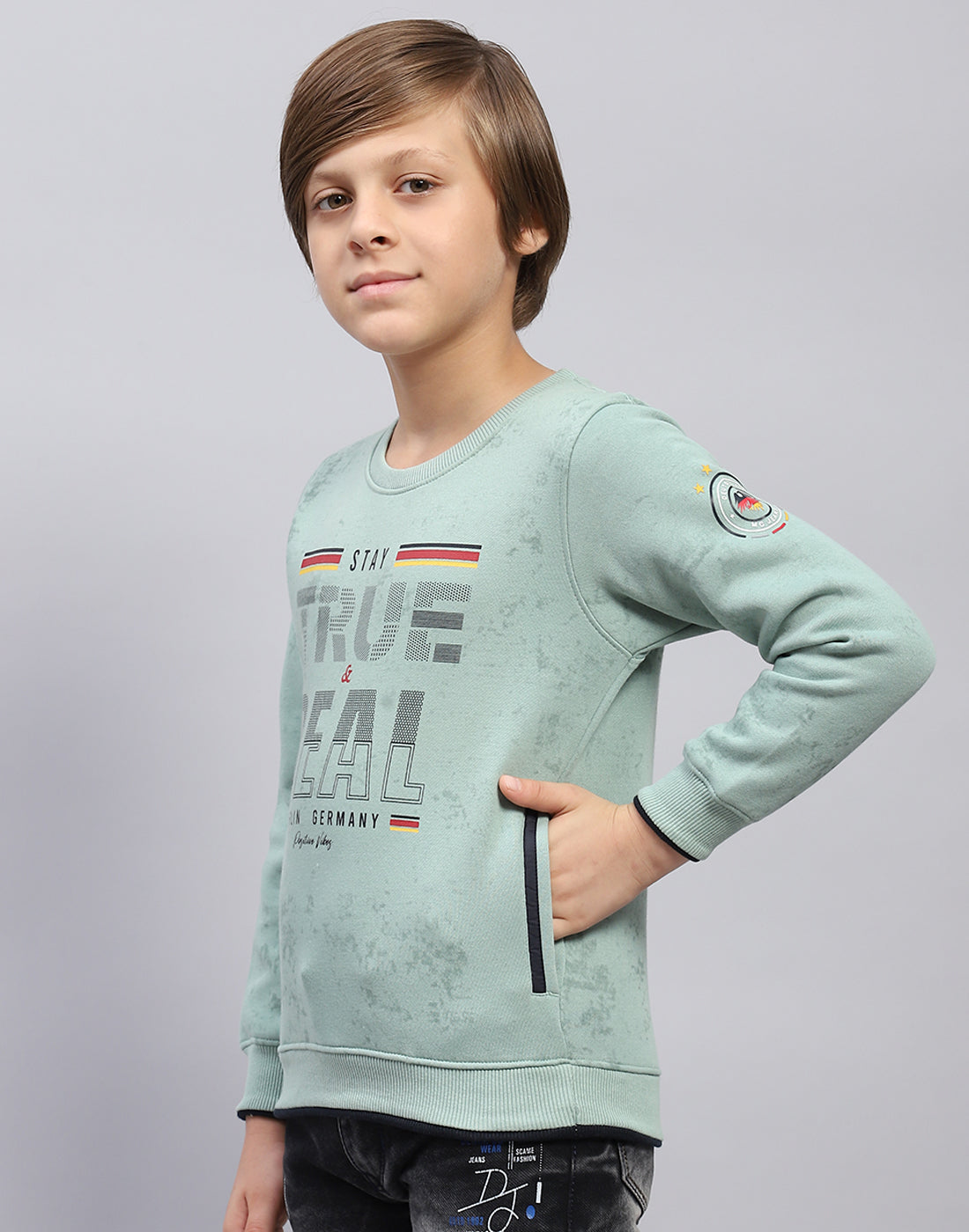 Boys Sea Green Printed Round Neck Full Sleeve Sweatshirt