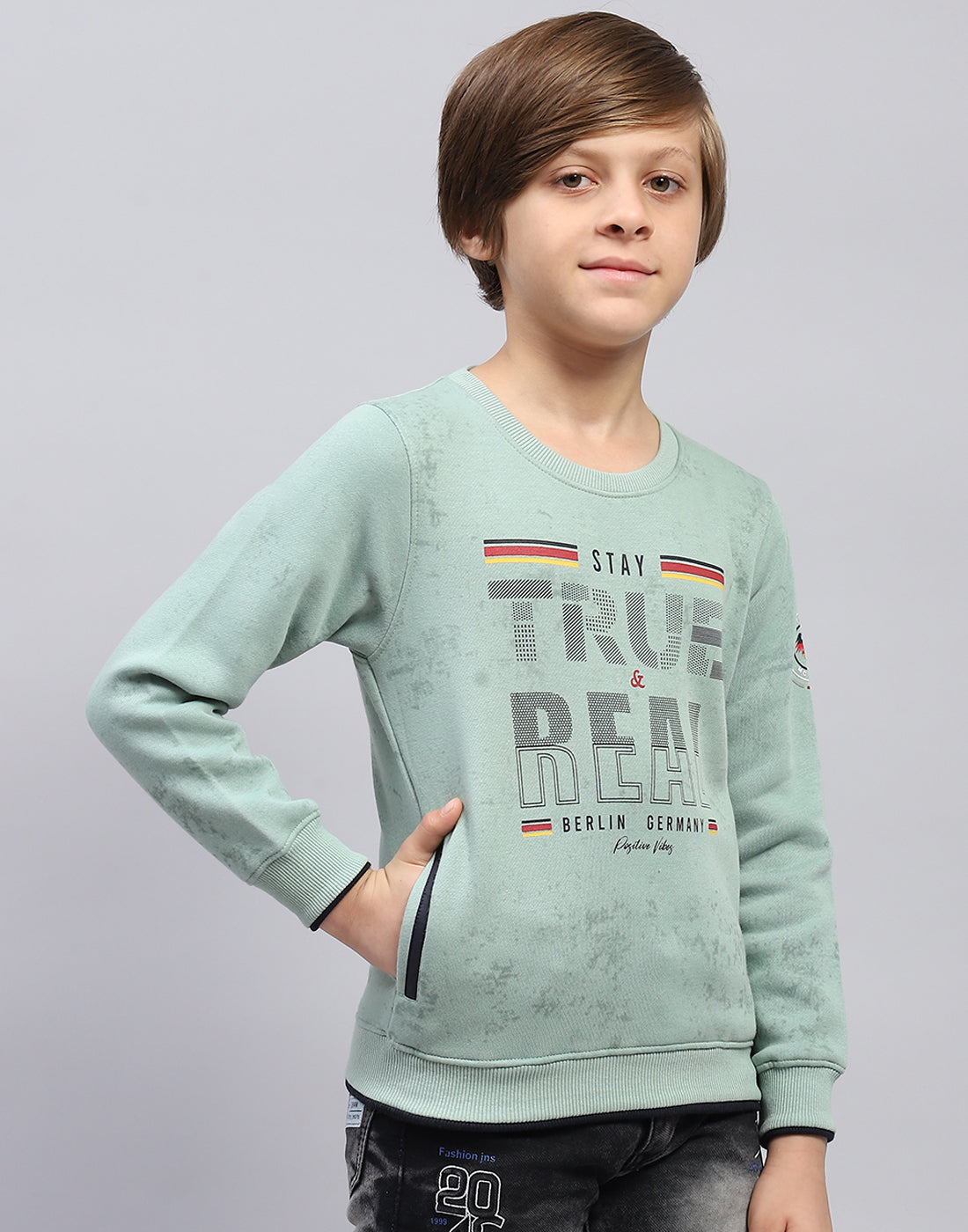 Boys Sea Green Printed Round Neck Full Sleeve Sweatshirt