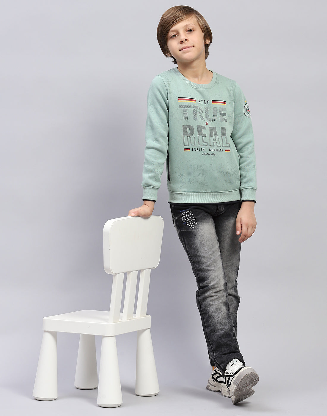 Boys Sea Green Printed Round Neck Full Sleeve Sweatshirt