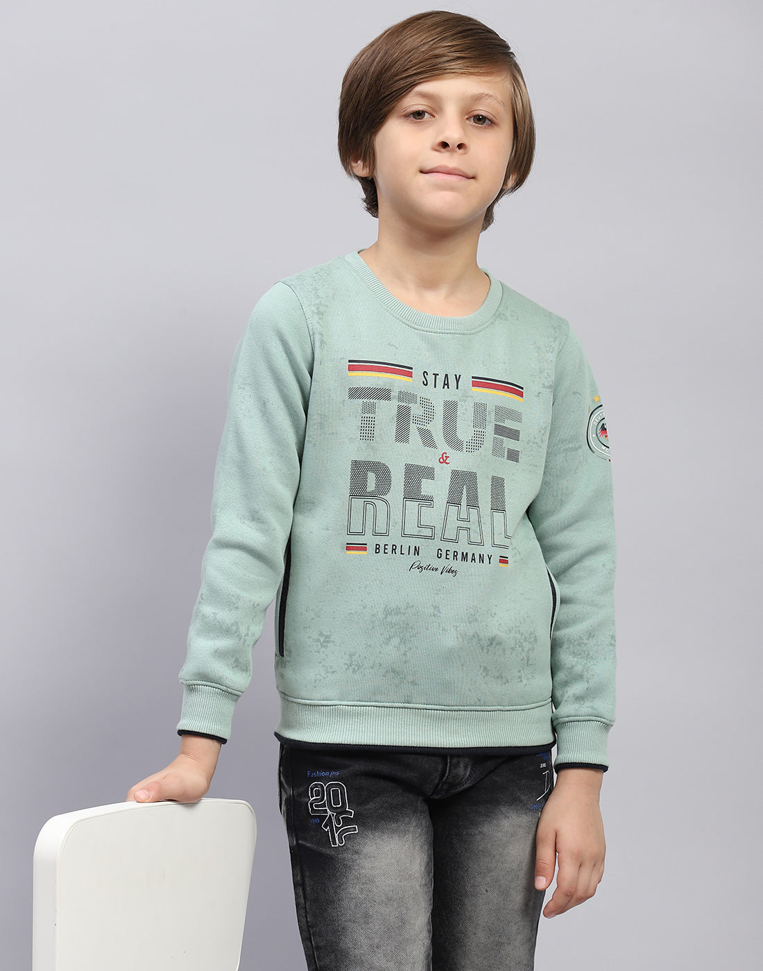 Boys Sea Green Printed Round Neck Full Sleeve Sweatshirt