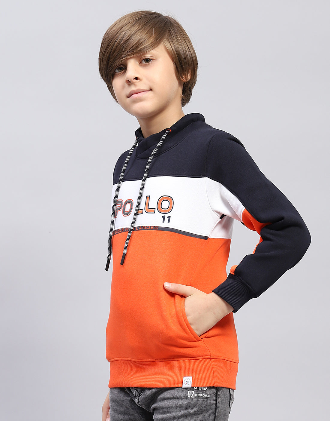 Boys Orange Printed Hooded Full Sleeve Sweatshirt