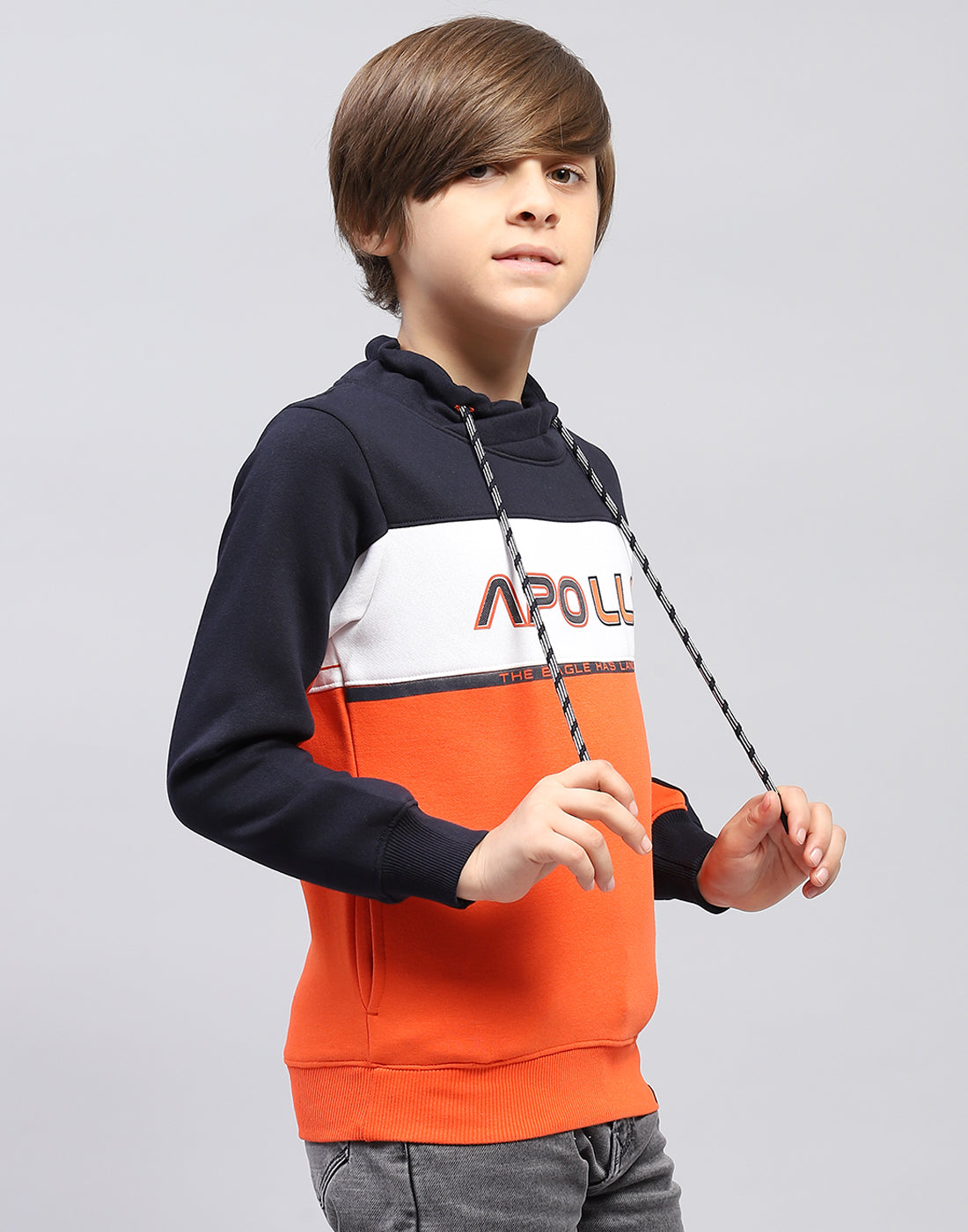 Boys Orange Printed Hooded Full Sleeve Sweatshirt