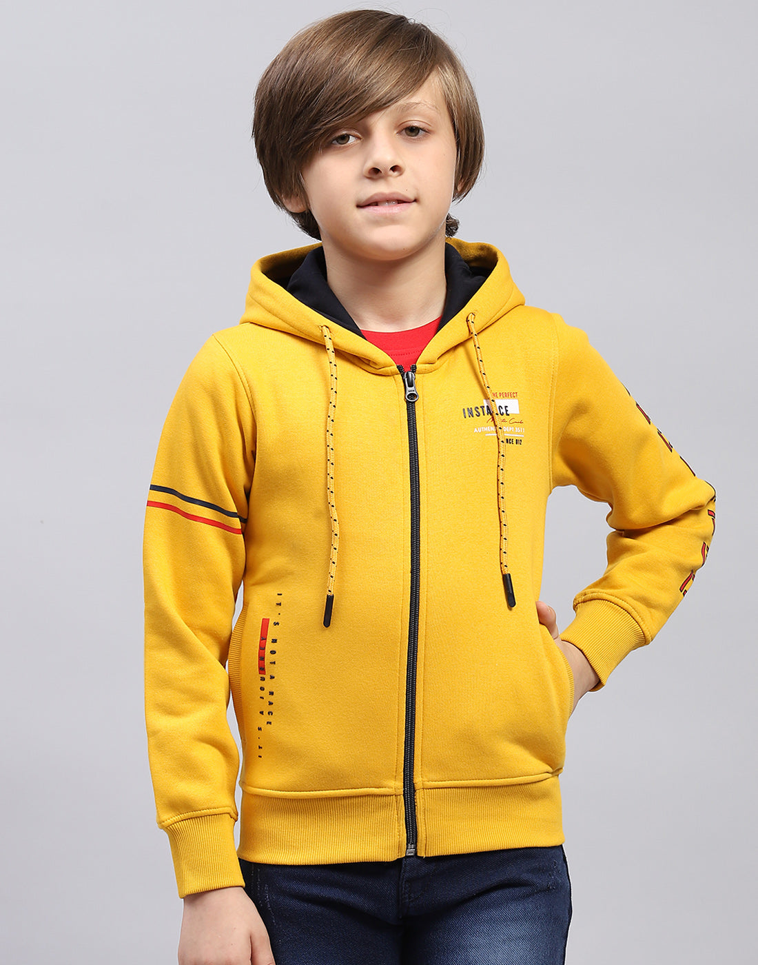 Boys Mustard Printed Hooded Full Sleeve Sweatshirt