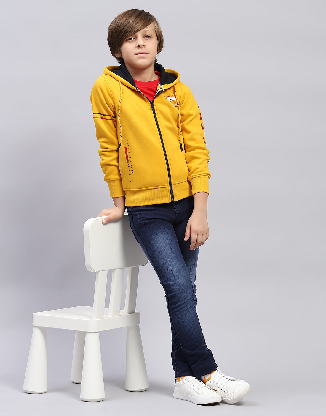 Boys Mustard Printed Hooded Full Sleeve Sweatshirt