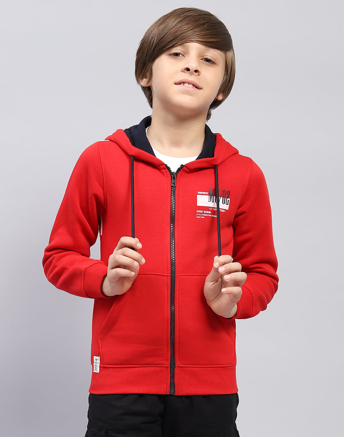 Boys Red Printed Hooded Full Sleeve Sweatshirt