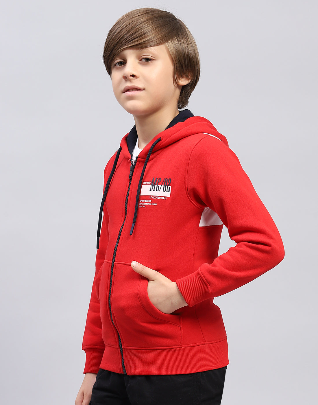 Boys Red Printed Hooded Full Sleeve Sweatshirt