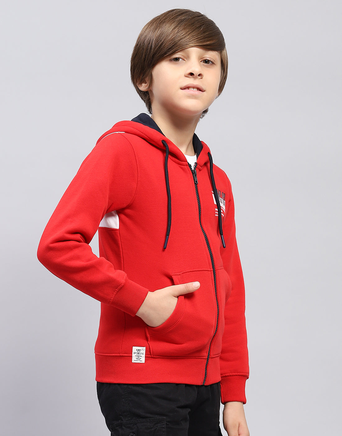 Boys Red Printed Hooded Full Sleeve Sweatshirt