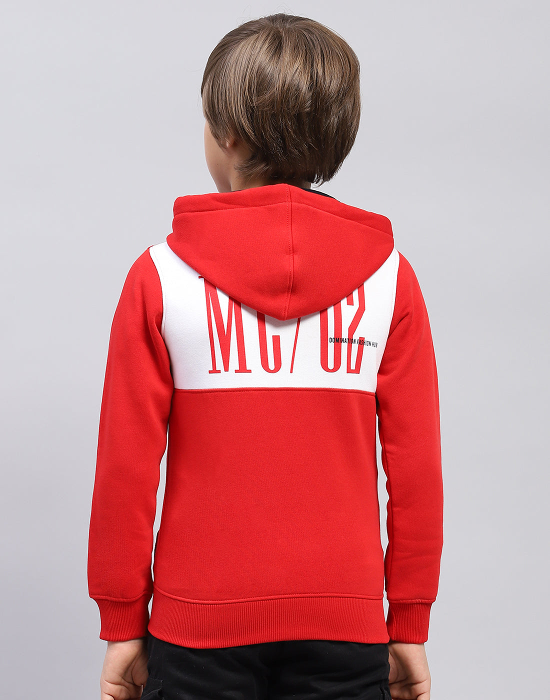 Boys Red Printed Hooded Full Sleeve Sweatshirt