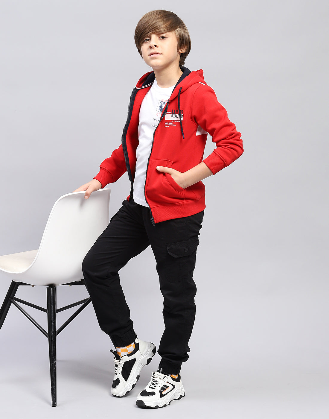 Boys Red Printed Hooded Full Sleeve Sweatshirt