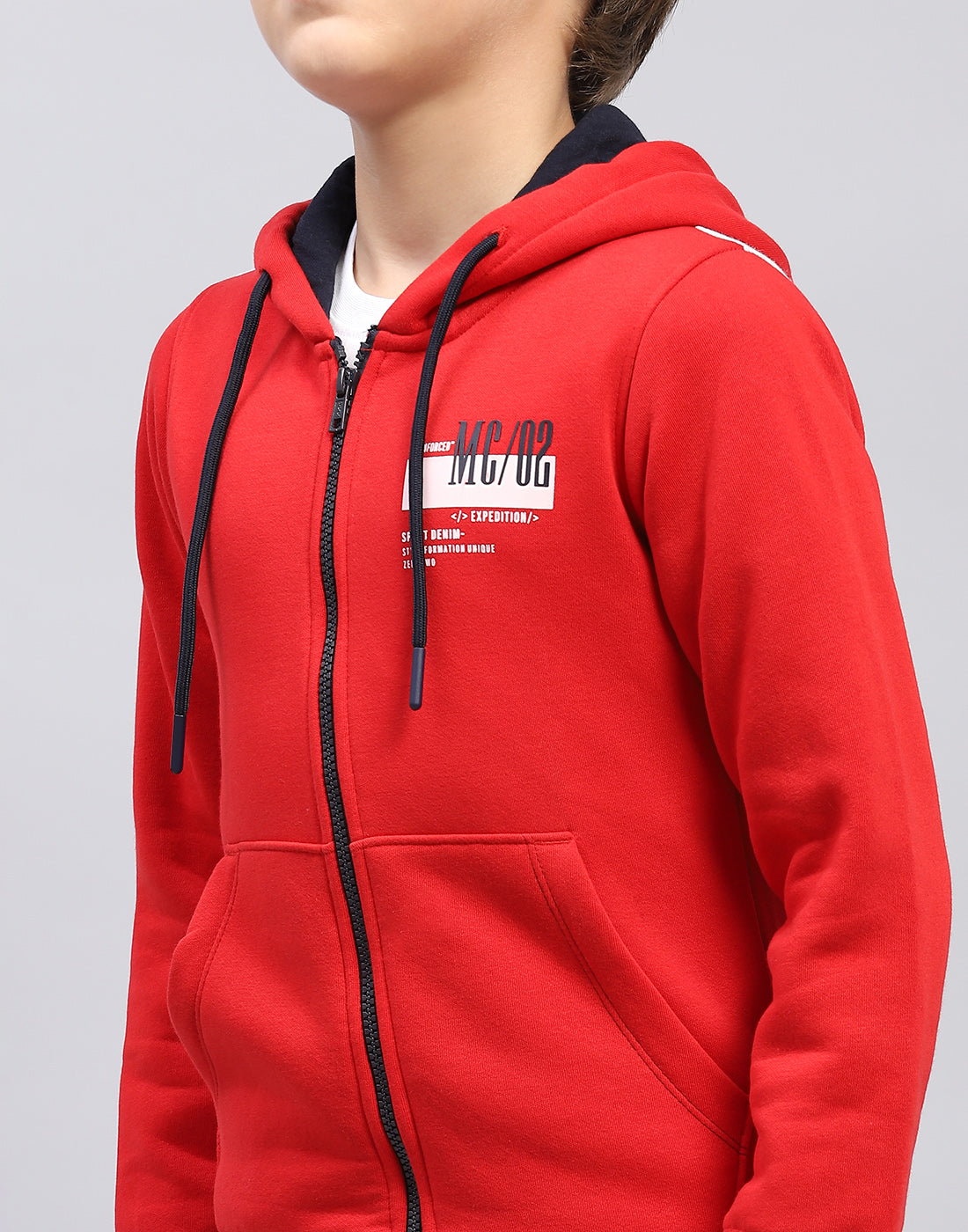 Boys Red Printed Hooded Full Sleeve Sweatshirt