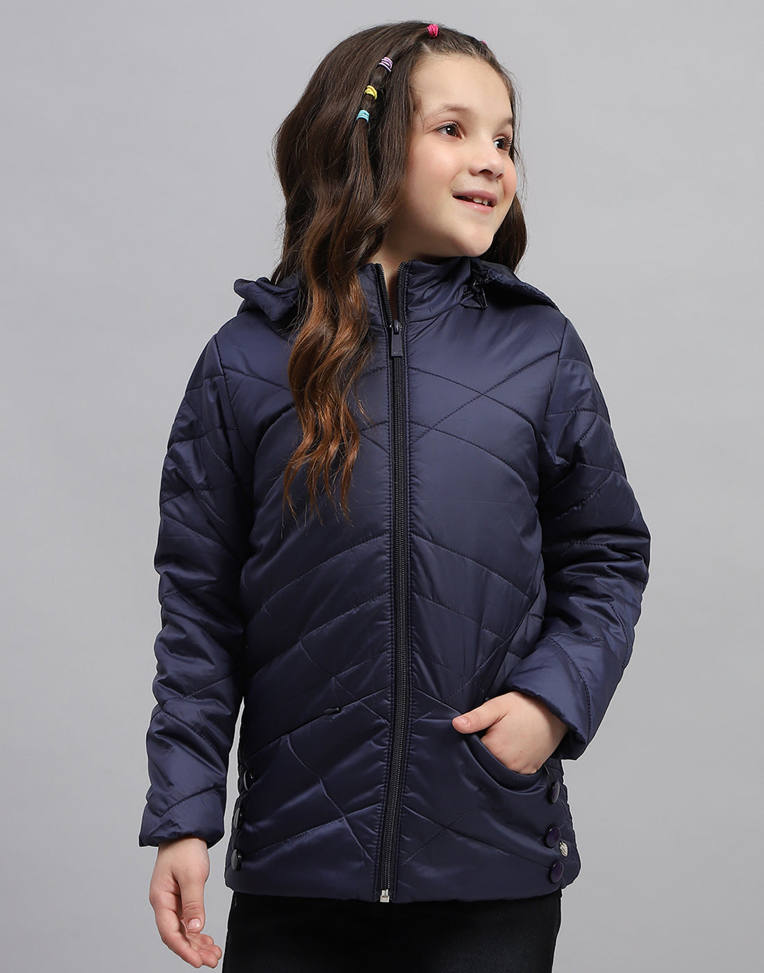 Girls Navy Blue Solid Hooded Full Sleeve Jacket