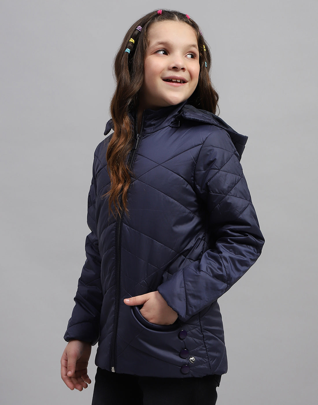 Girls Navy Blue Solid Hooded Full Sleeve Jacket