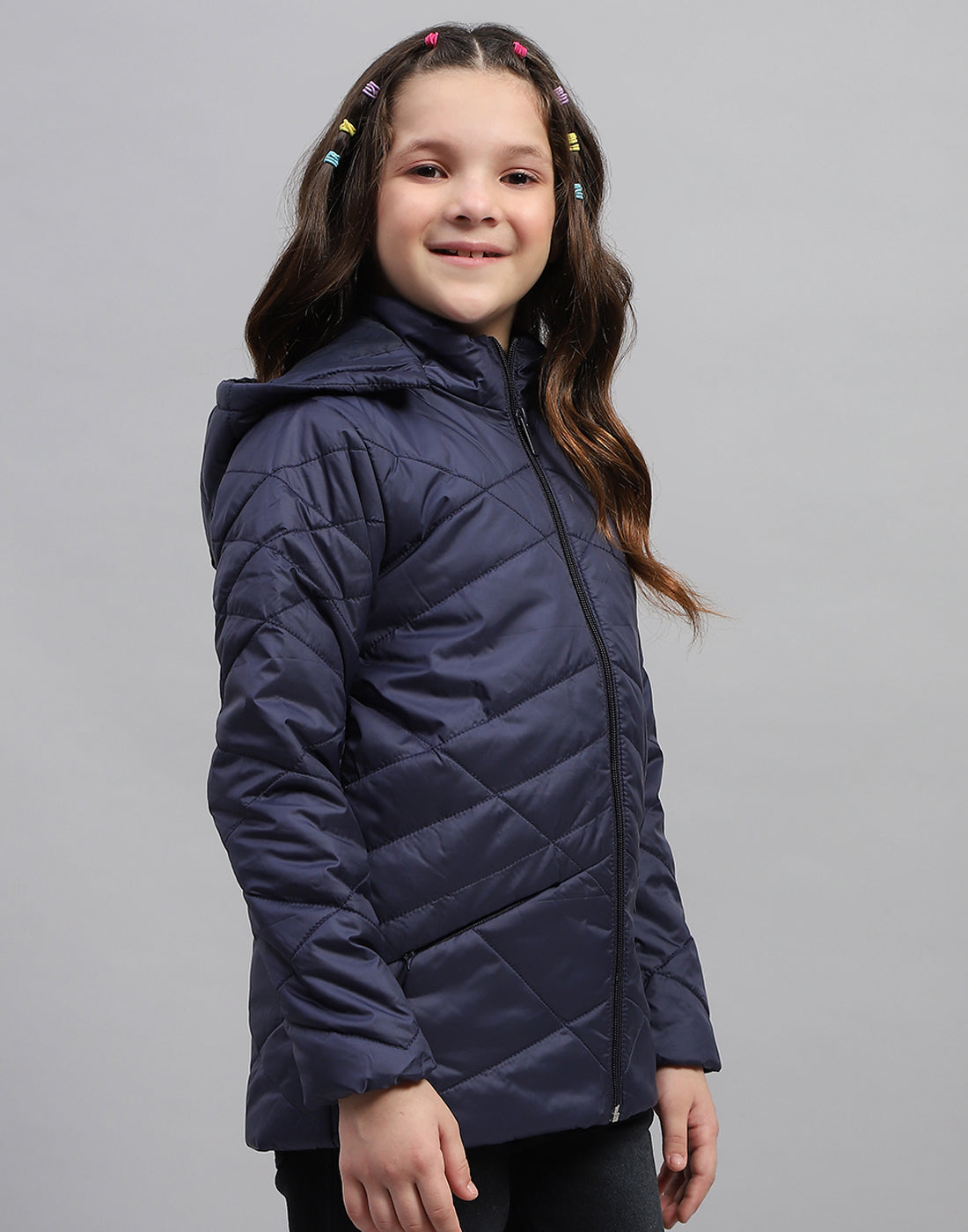 Girls Navy Blue Solid Hooded Full Sleeve Jacket