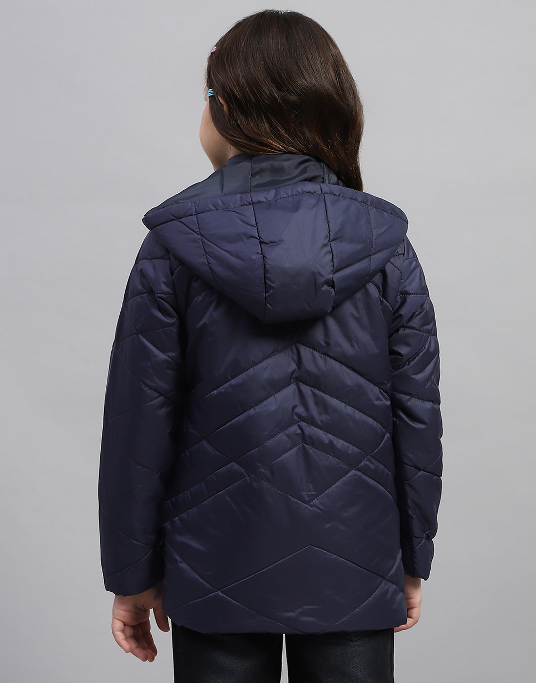 Girls Navy Blue Solid Hooded Full Sleeve Jacket