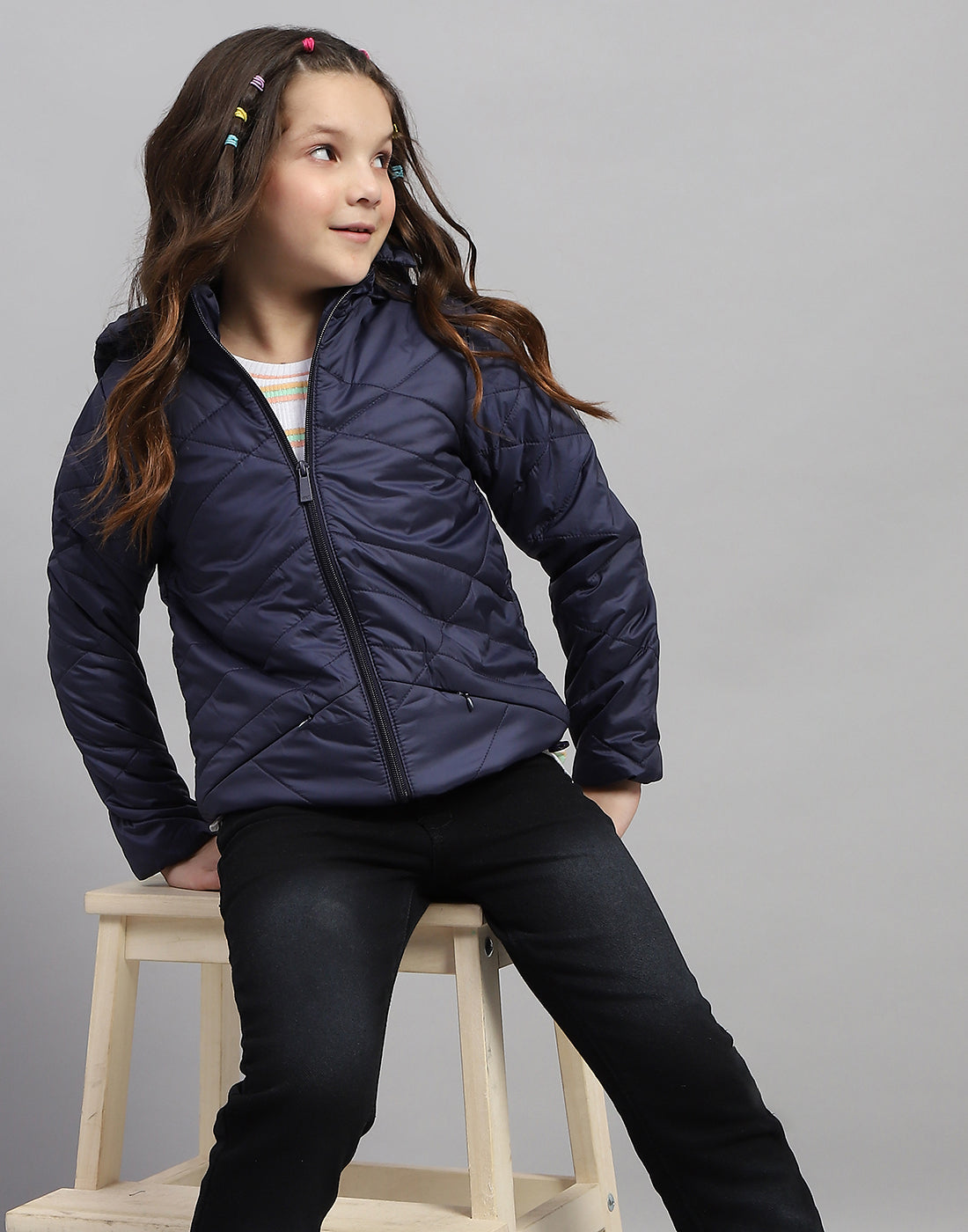 Girls Navy Blue Solid Hooded Full Sleeve Jacket