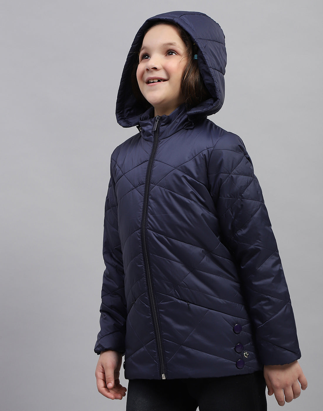 Girls Navy Blue Solid Hooded Full Sleeve Jacket