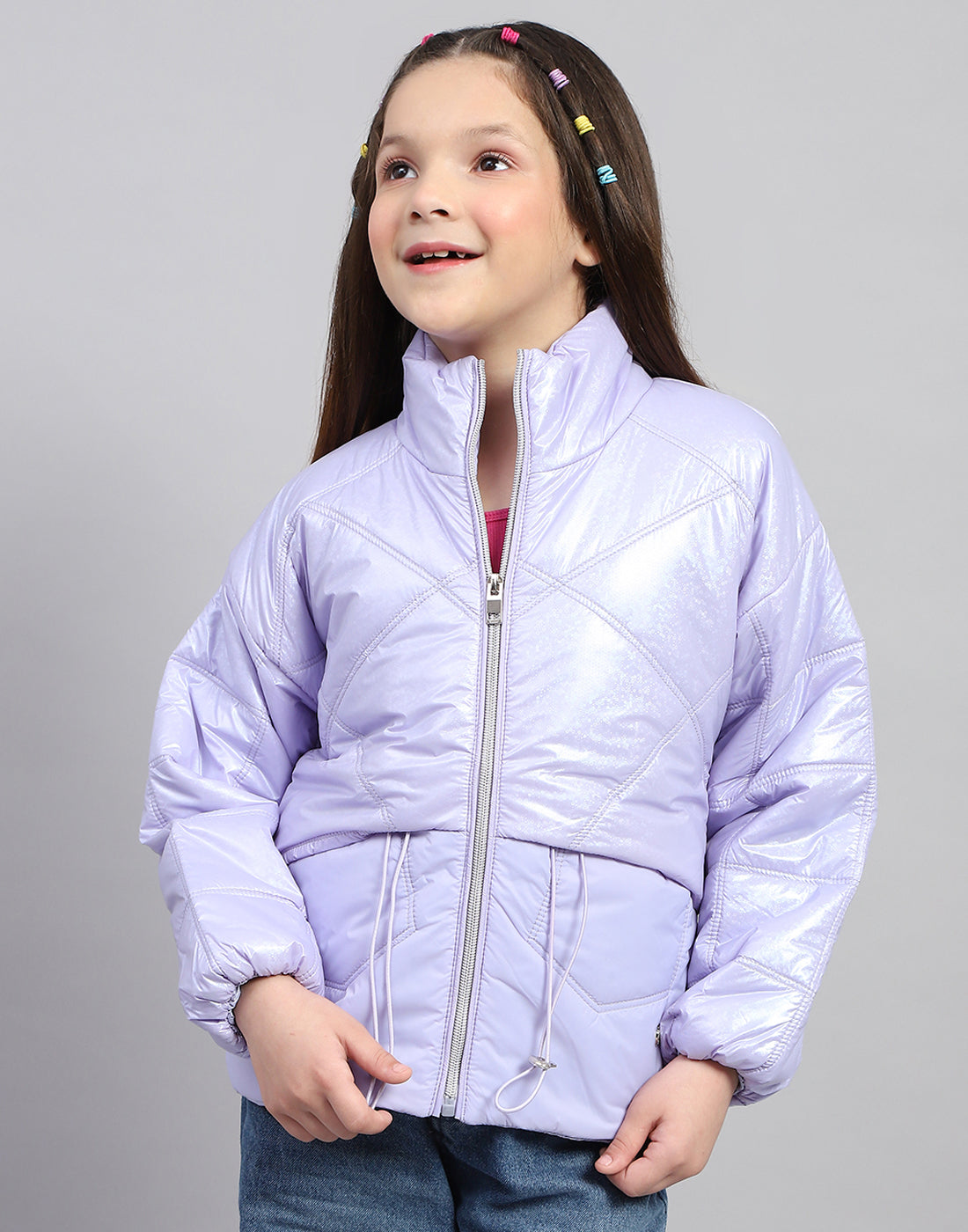 Girls Purple Solid High Neck Full Sleeve Jacket