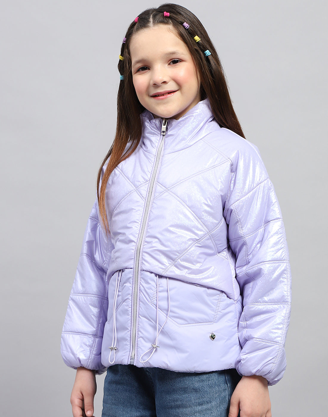 Girls Purple Solid High Neck Full Sleeve Jacket