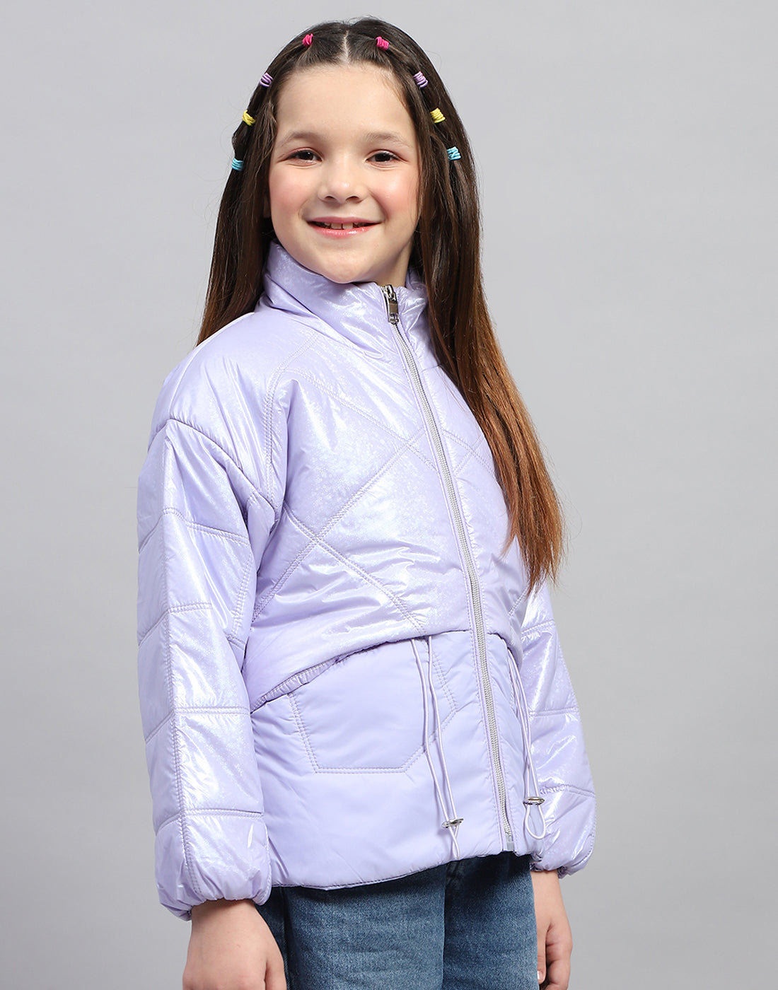 Girls Purple Solid High Neck Full Sleeve Jacket