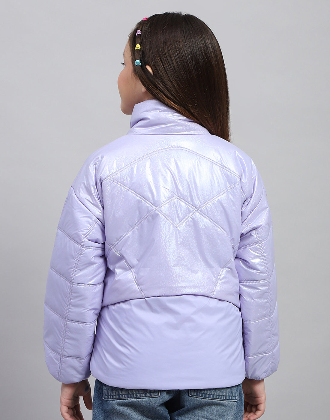 Girls Purple Solid High Neck Full Sleeve Jacket