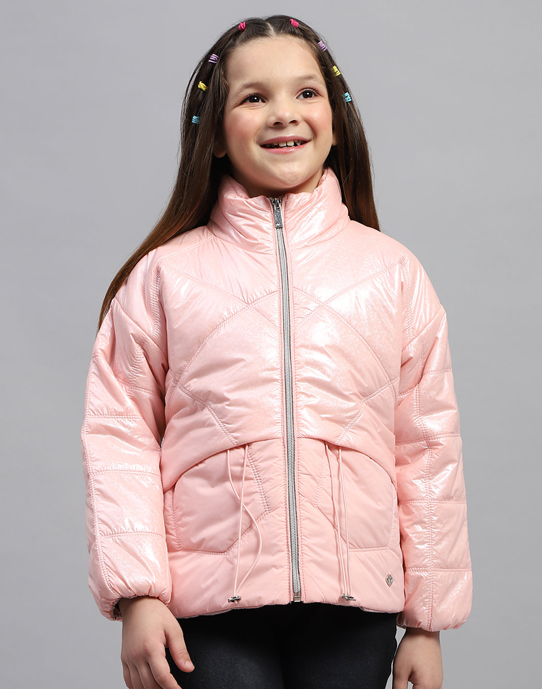 Girls Pink Solid High Neck Full Sleeve Jacket