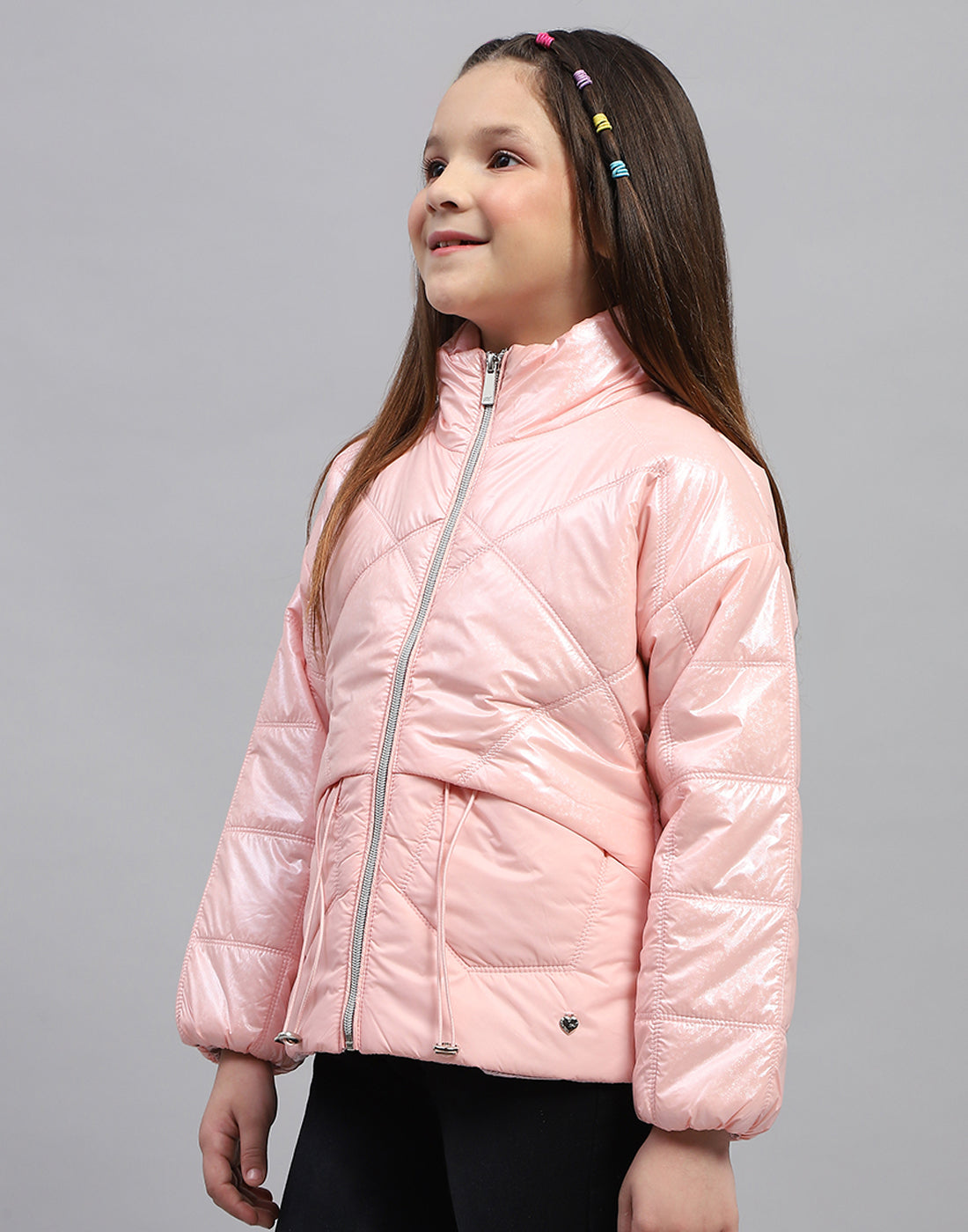 Girls Pink Solid High Neck Full Sleeve Jacket