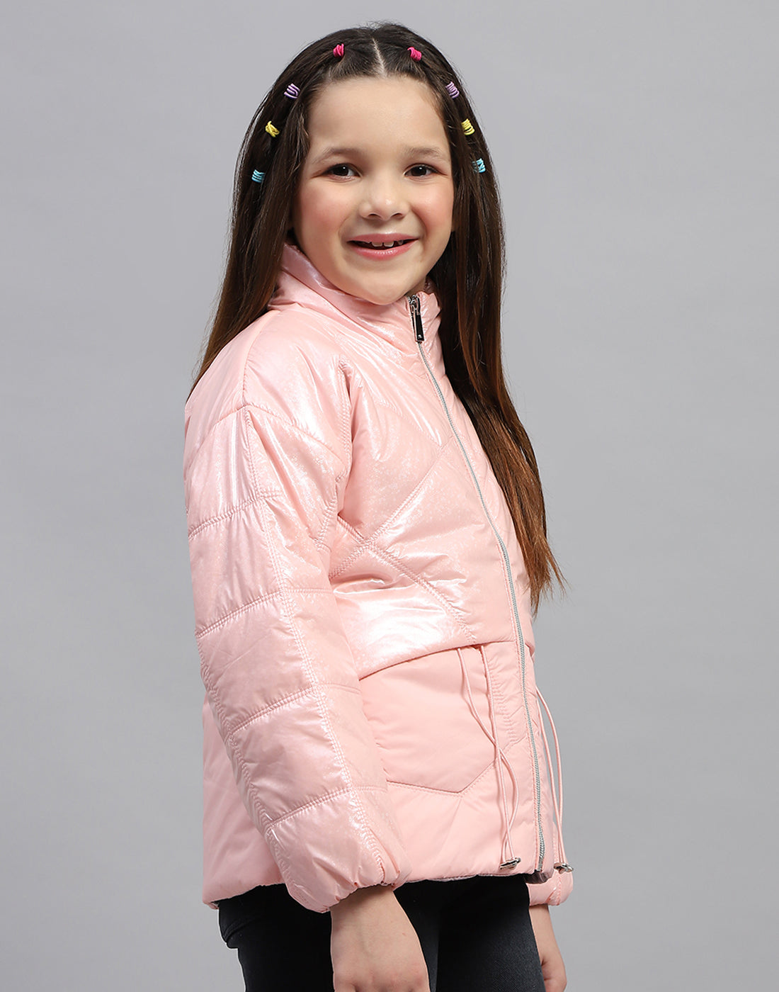 Girls Pink Solid High Neck Full Sleeve Jacket