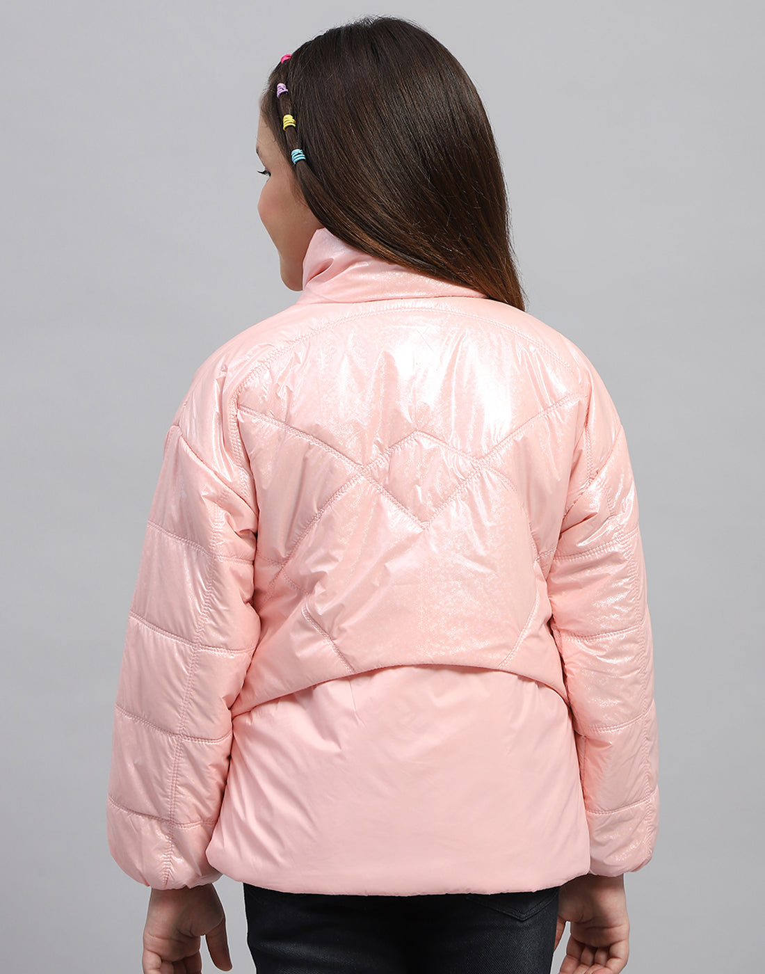 Girls Pink Solid High Neck Full Sleeve Jacket