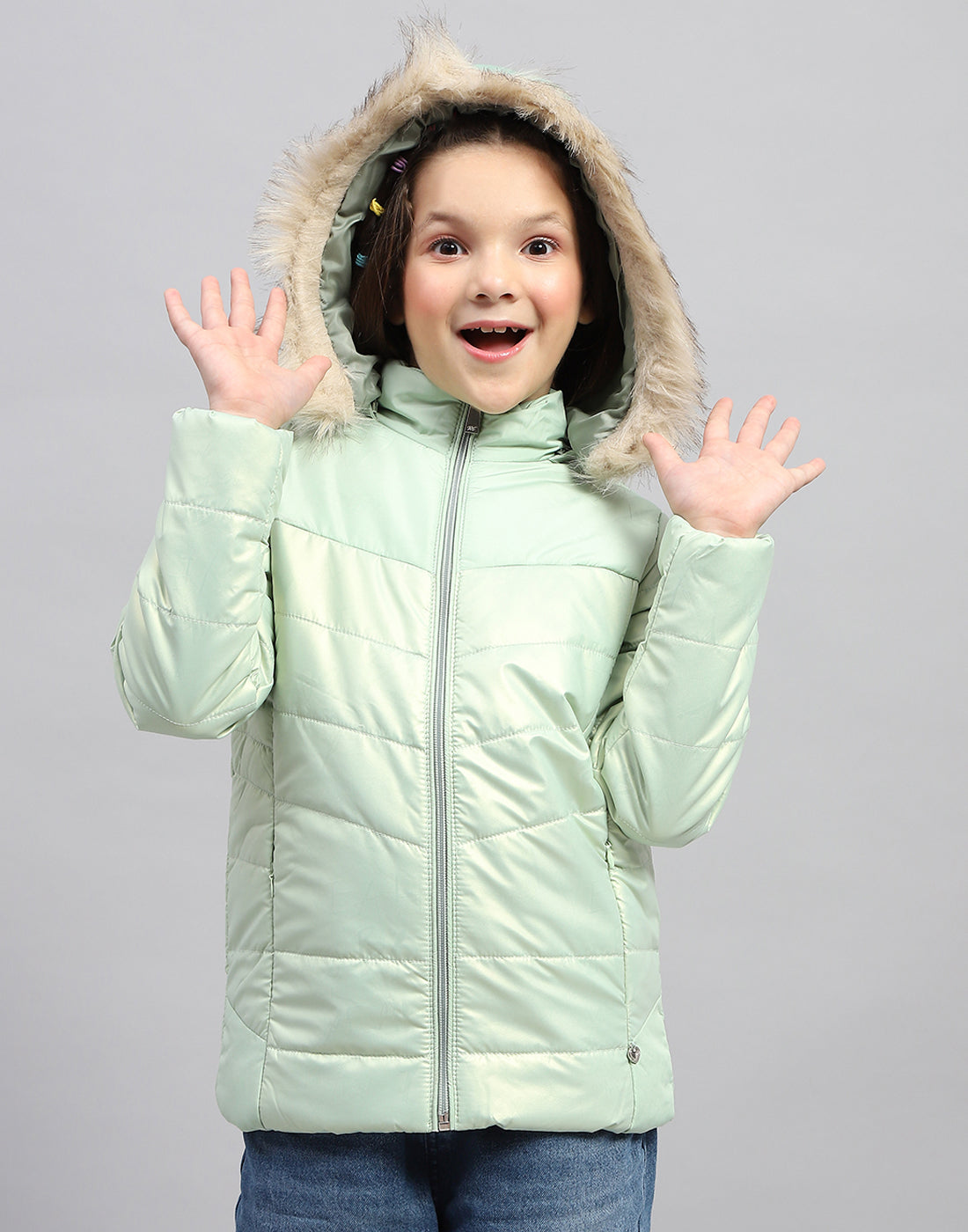 Girls Sea Green Solid Hooded Full Sleeve Jacket