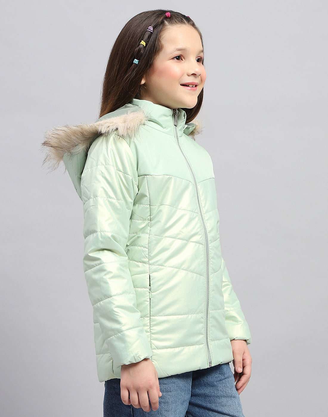 Girls Sea Green Solid Hooded Full Sleeve Jacket