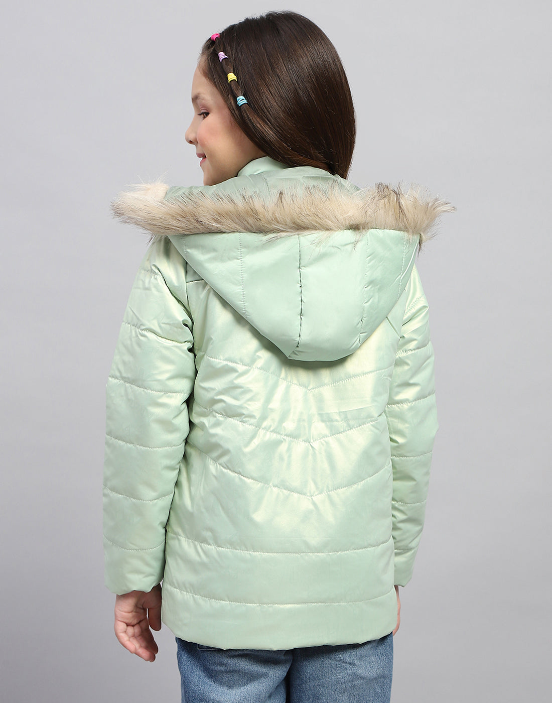 Girls Sea Green Solid Hooded Full Sleeve Jacket