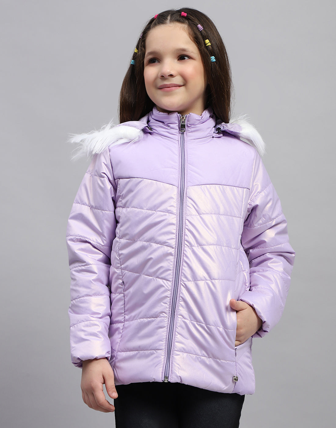 Girls Purple Solid Hooded Full Sleeve Jacket