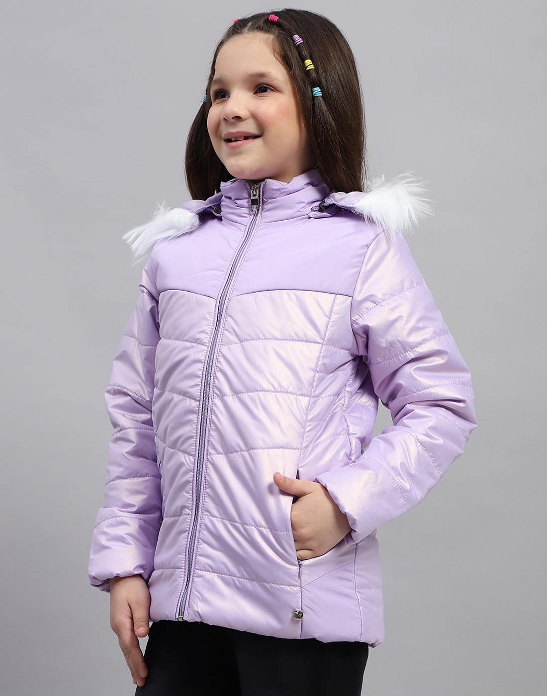 Girls Purple Solid Hooded Full Sleeve Jacket