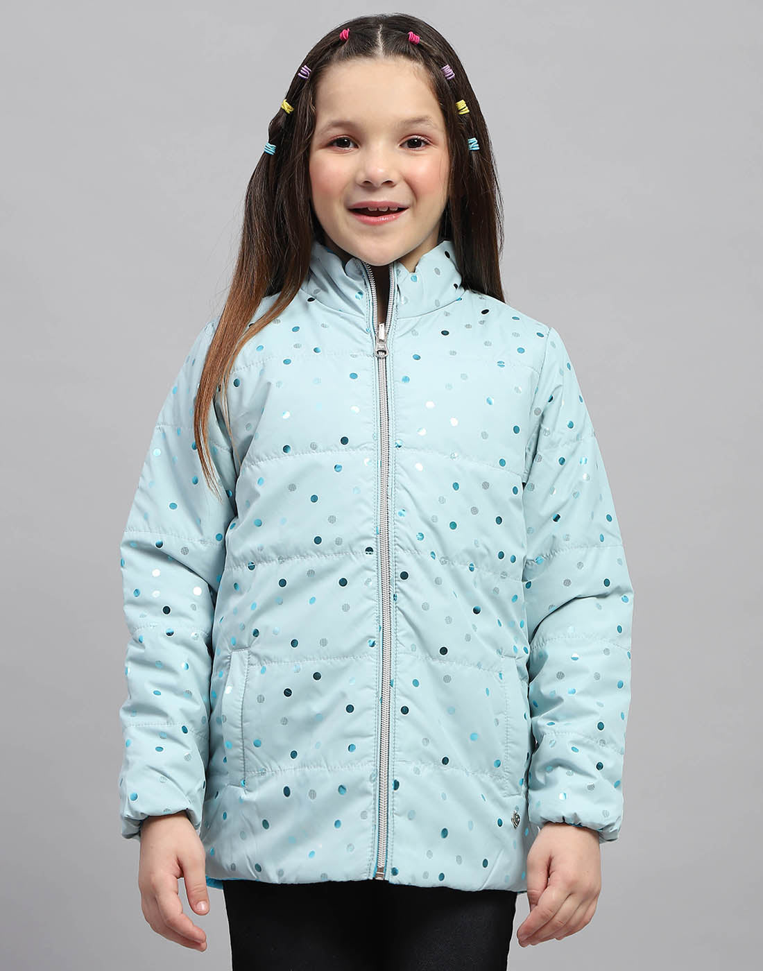 Girls Blue Solid Mock Neck Full Sleeve Jacket